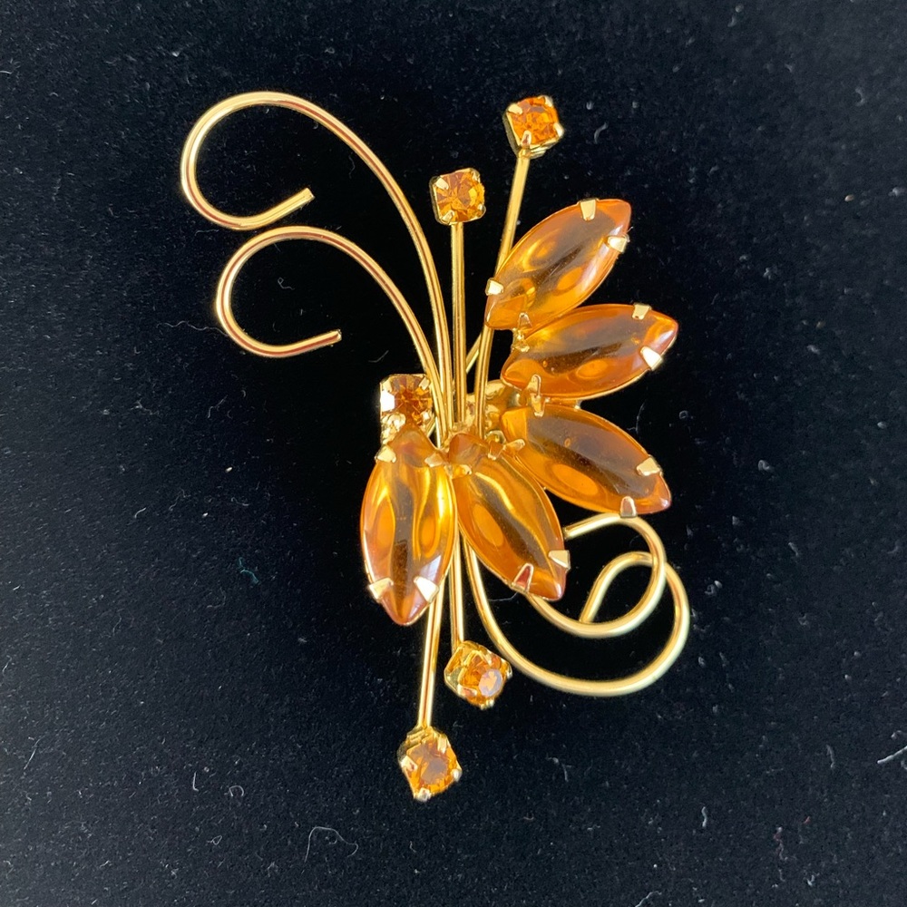 Vintage Amber Rhinestone Brooch Pin Gold Tone Large Marquise Small Square